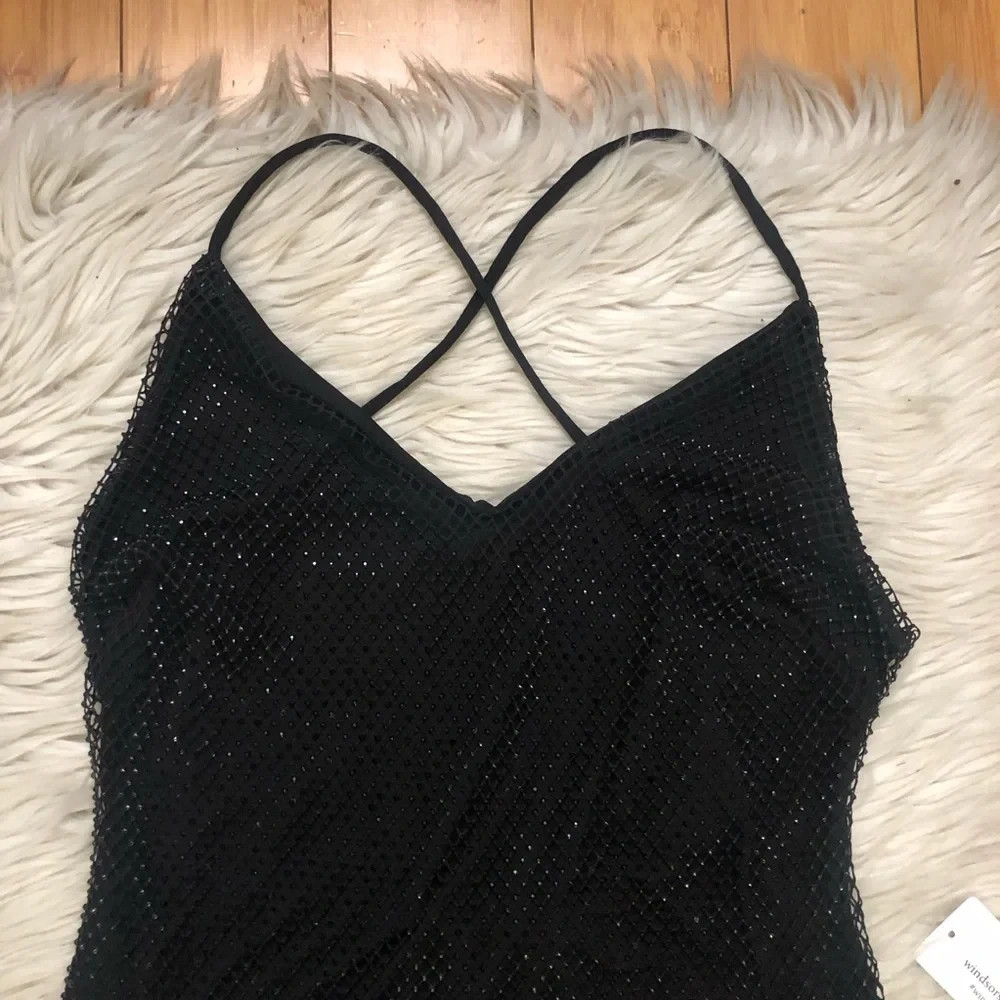 Windsor Good Vibes Fishnet Rhinestone Open Back Black Midi Dress L NWT