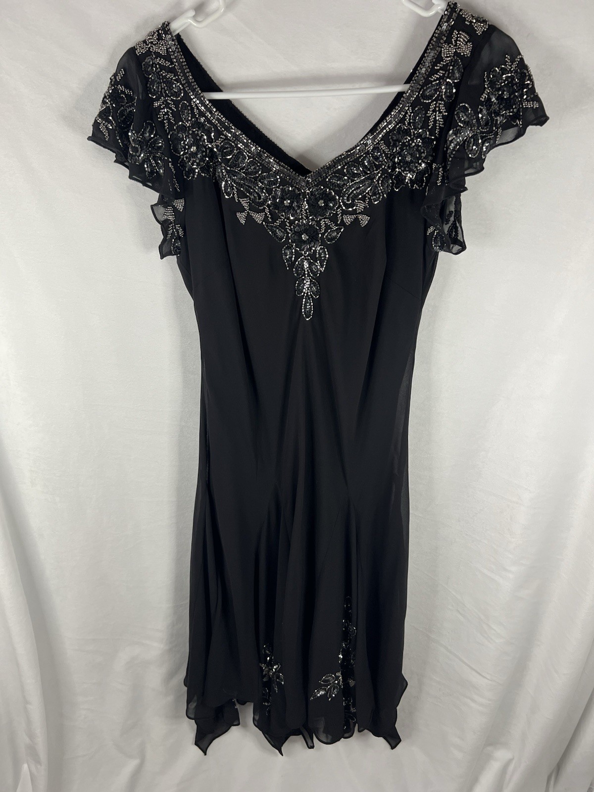 JKara Black Chiffon Beaded Sequin V-Neck Flutter Sleeve Knee Cocktail Dress 6