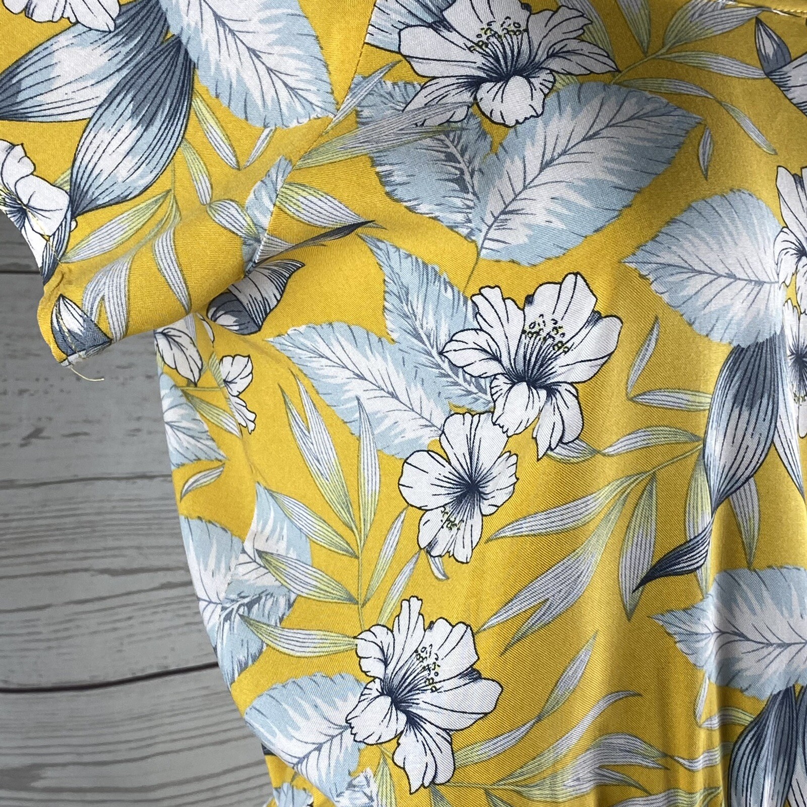 Island Haze Sundress Small Yellow Gray White Hibiscus Floral Hawaiian Dress Cute