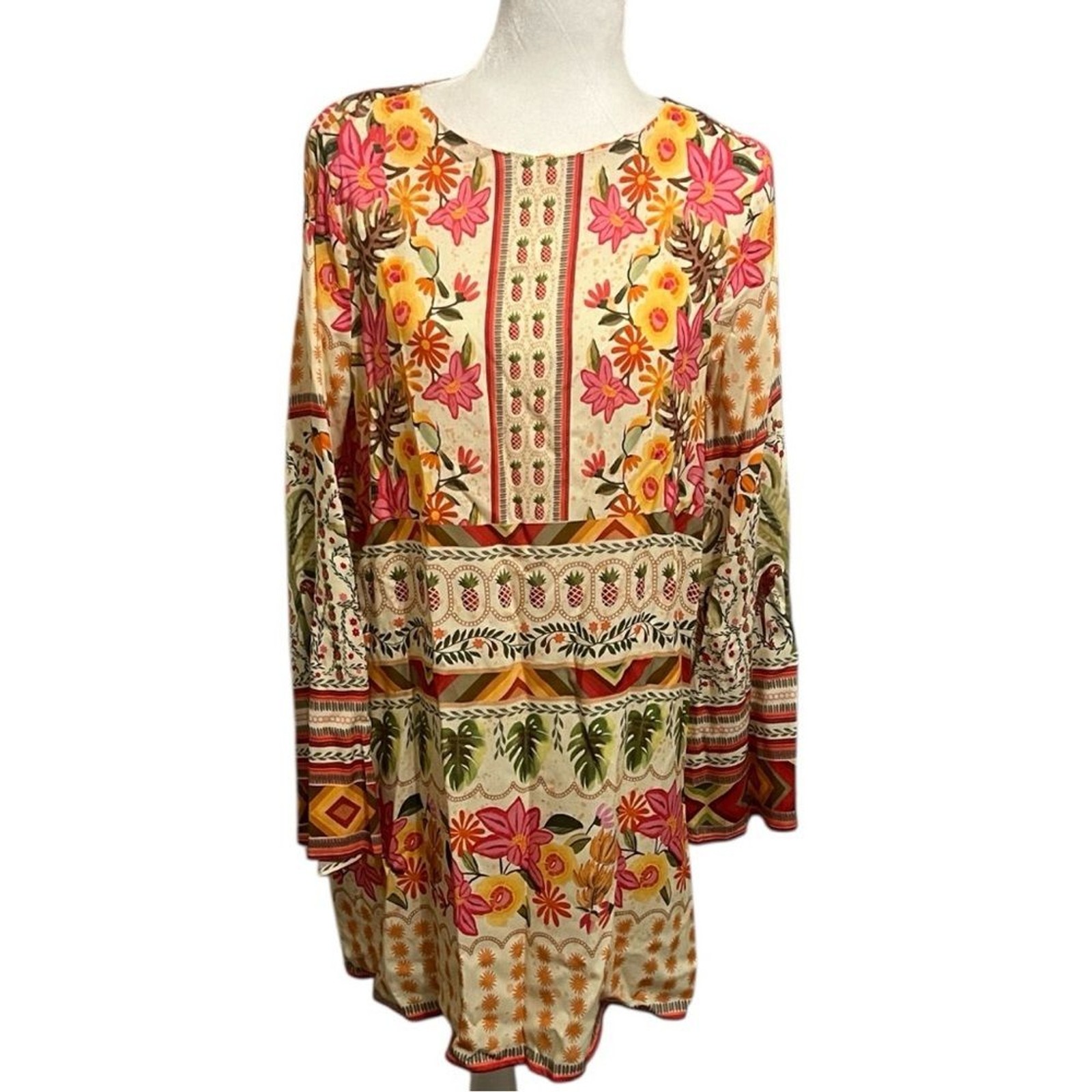 NWT Celina Moon Floral Boho Tunic Dress Bell Sleeve Pockets Large Resort