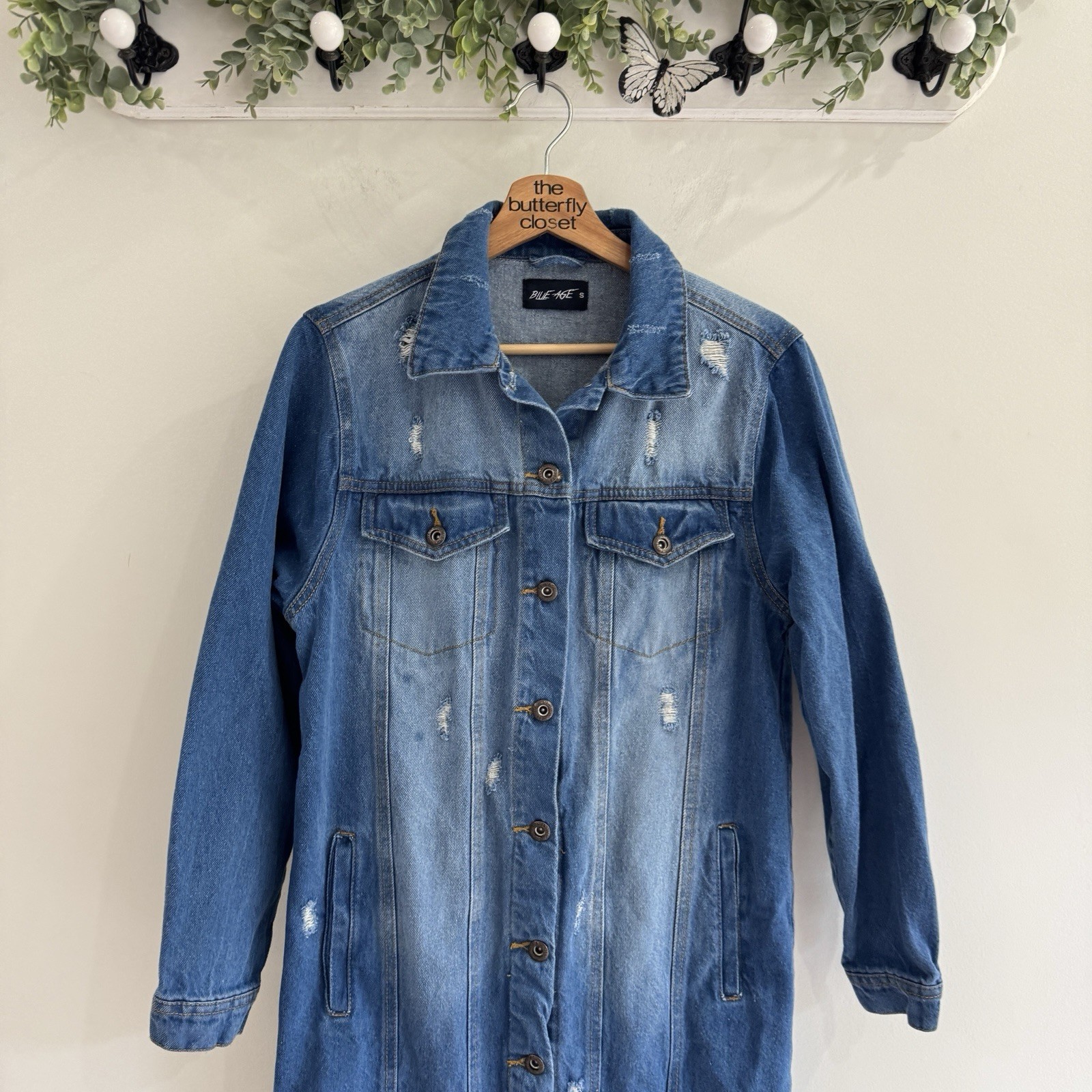 Blue Age Distressed Denim Button Down Jacket Dress Small Y15