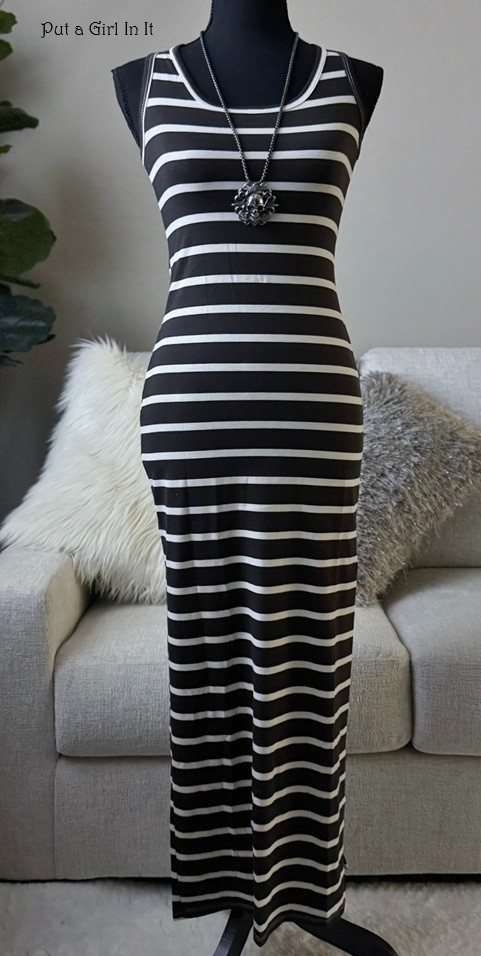 USA New Womens BROWN WHITE STRIPED BOHO MAXI RACERBACK TANK DRESS S M L XL SLIT