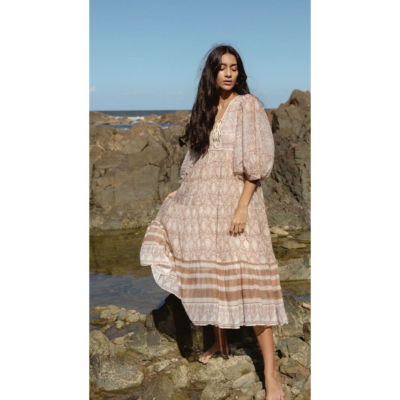 Daughters of India Jasmine Midi Dress in Shell Sz XL Boho Block Print NWT