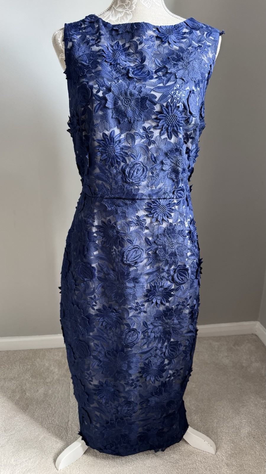 COAST BEAUTIFUL NAVY APPLIQUE SLEEVELESS LINED OCCASION DRESS SIZE 18 WEDDING