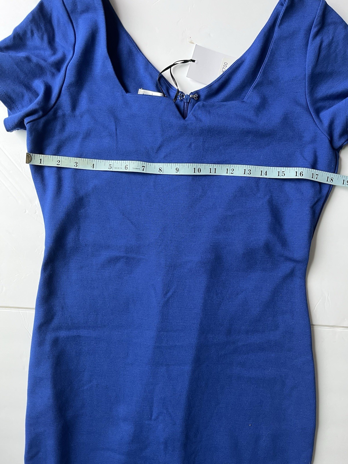 Unique Vintage Blue Solid Short Sleeve V-Neck Sheath Midi Zip Dress XL