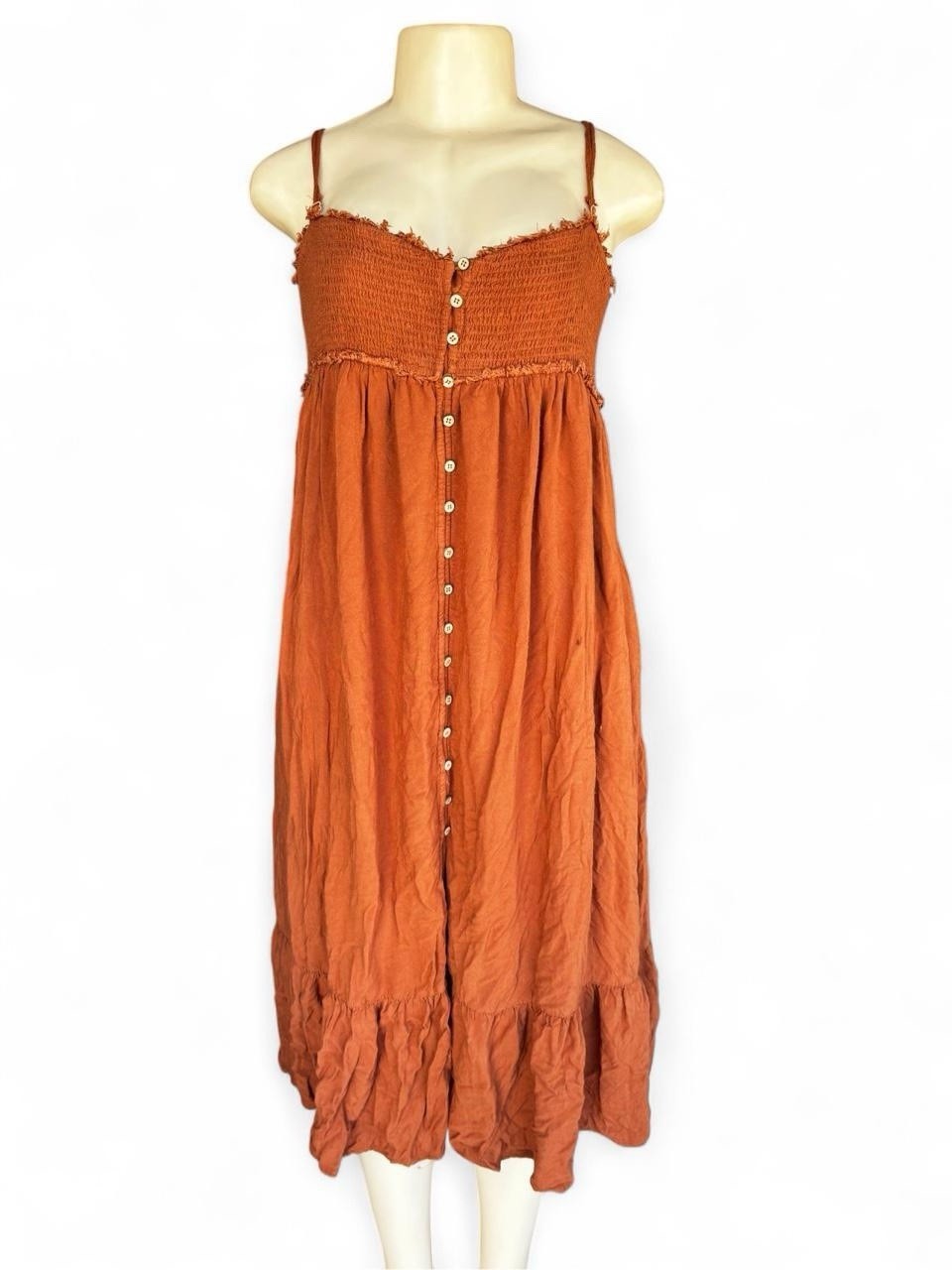 Women’s Wishlist Rust Orange Smocked Button Front Midi Dress Boho Sundress SizeM