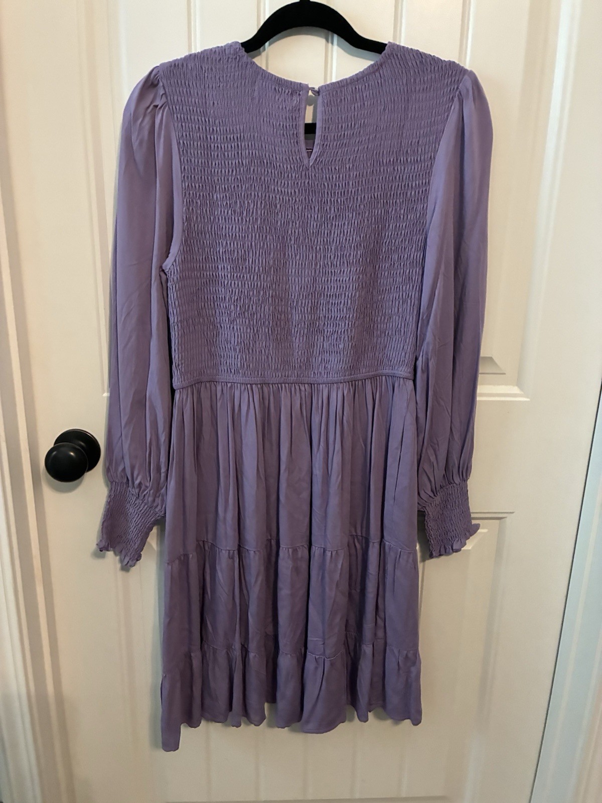 MEROKEETY Purple Solid Smocked Tiered A-Line Dress Round Neck Long Sleeve M