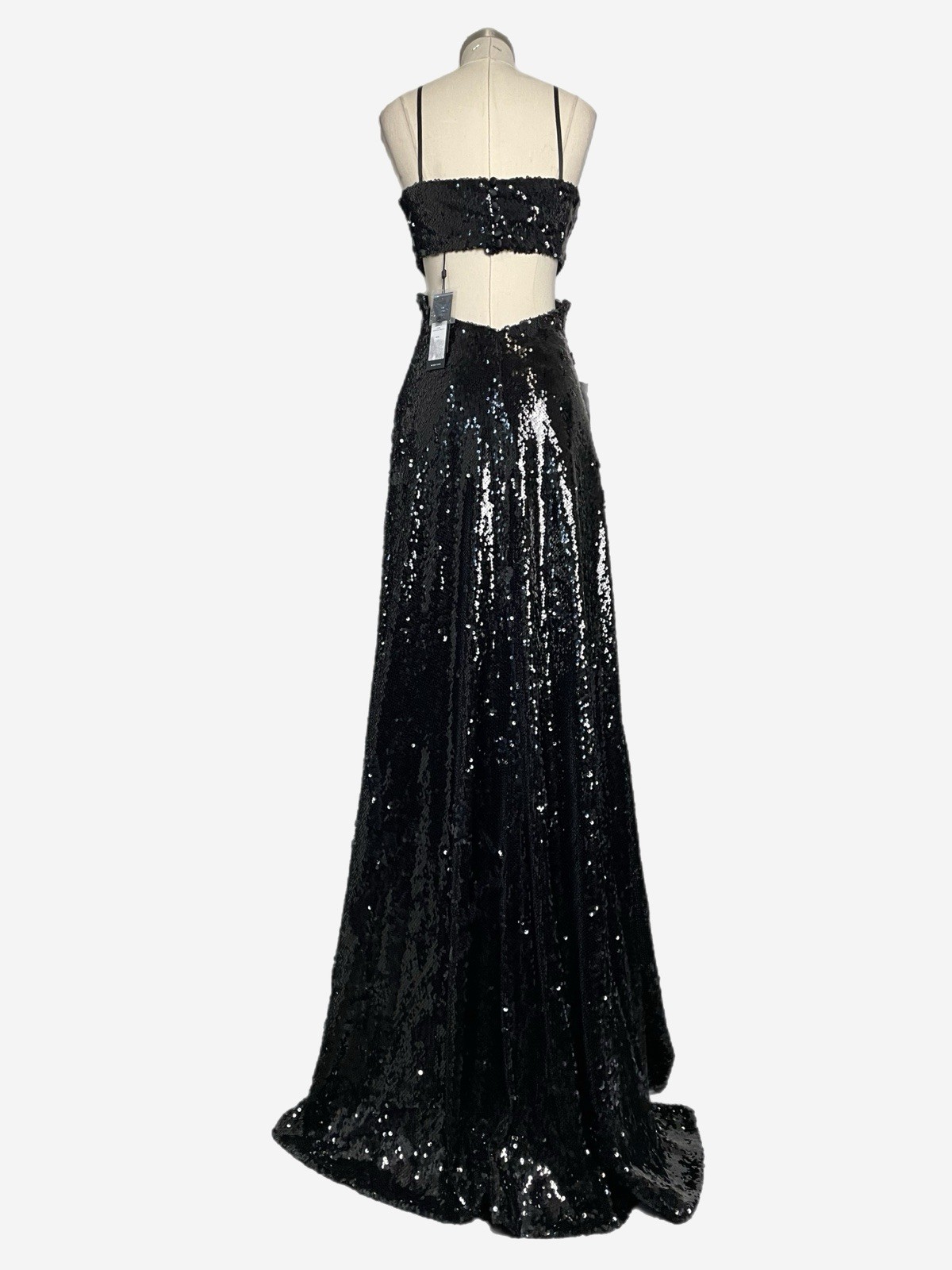 BCBGMaxAzria NWT Giacomo Black sequin cut out open back formal maxi gown slit 0