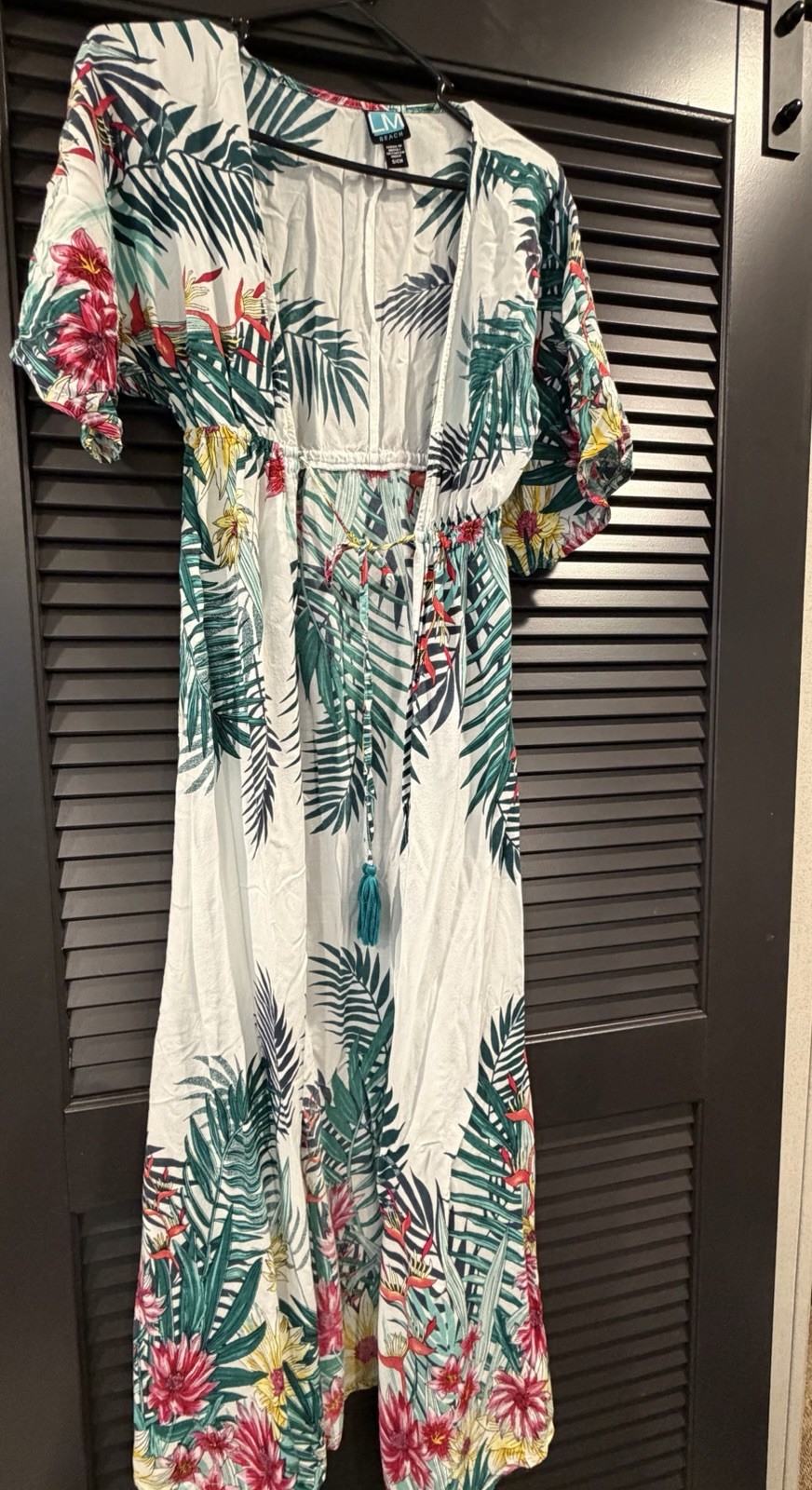 LM Beach Tropical Floral V-Neck Short Sleeve Maxi Dress White Green