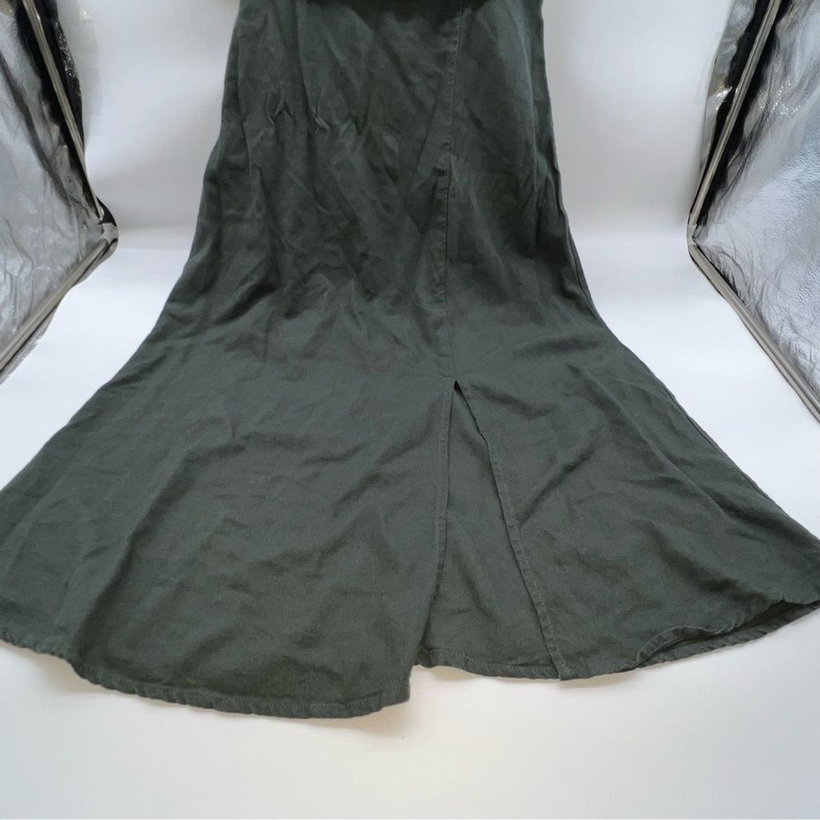 Mi Ami for Francesca’s Linen Blend Dk Green Puff Sleeve Midi Peasant Dress-Sz S