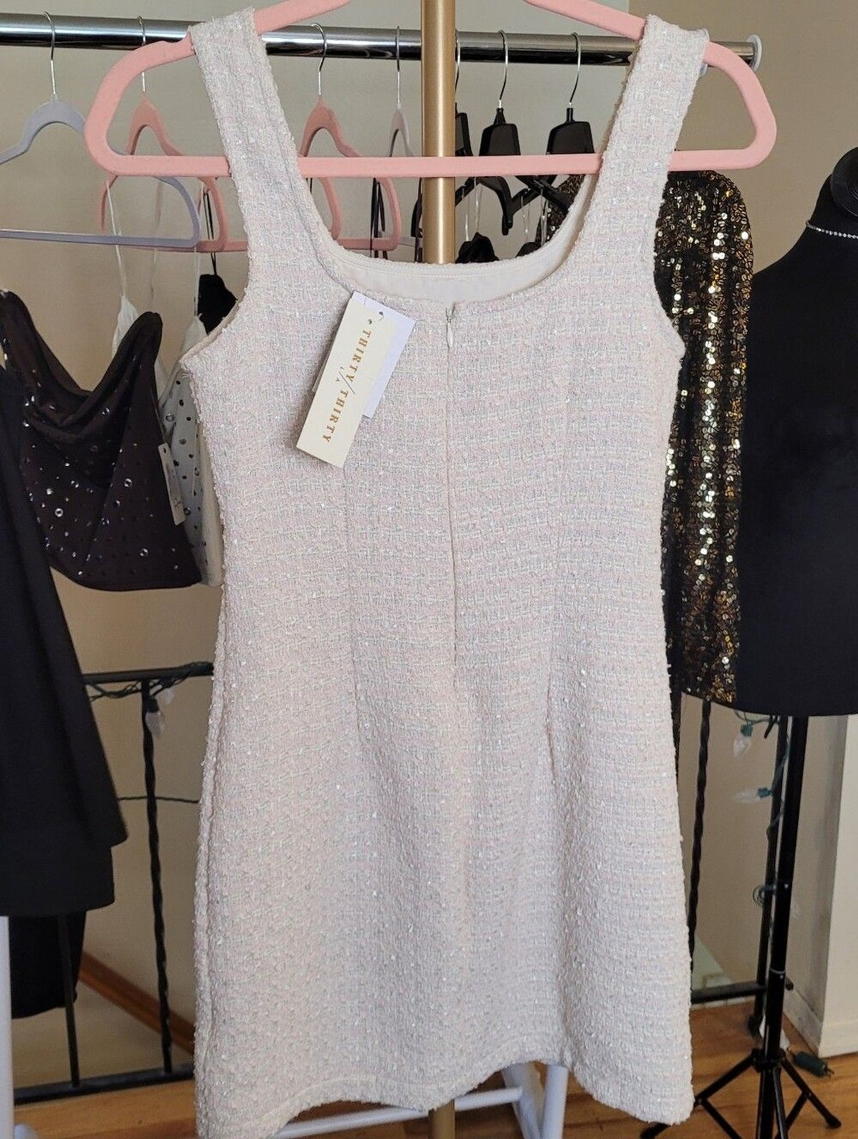 Thirty Thirty LA Classic Pink & Cream Tweed Sleeveless Mini Dress Size XL NWT