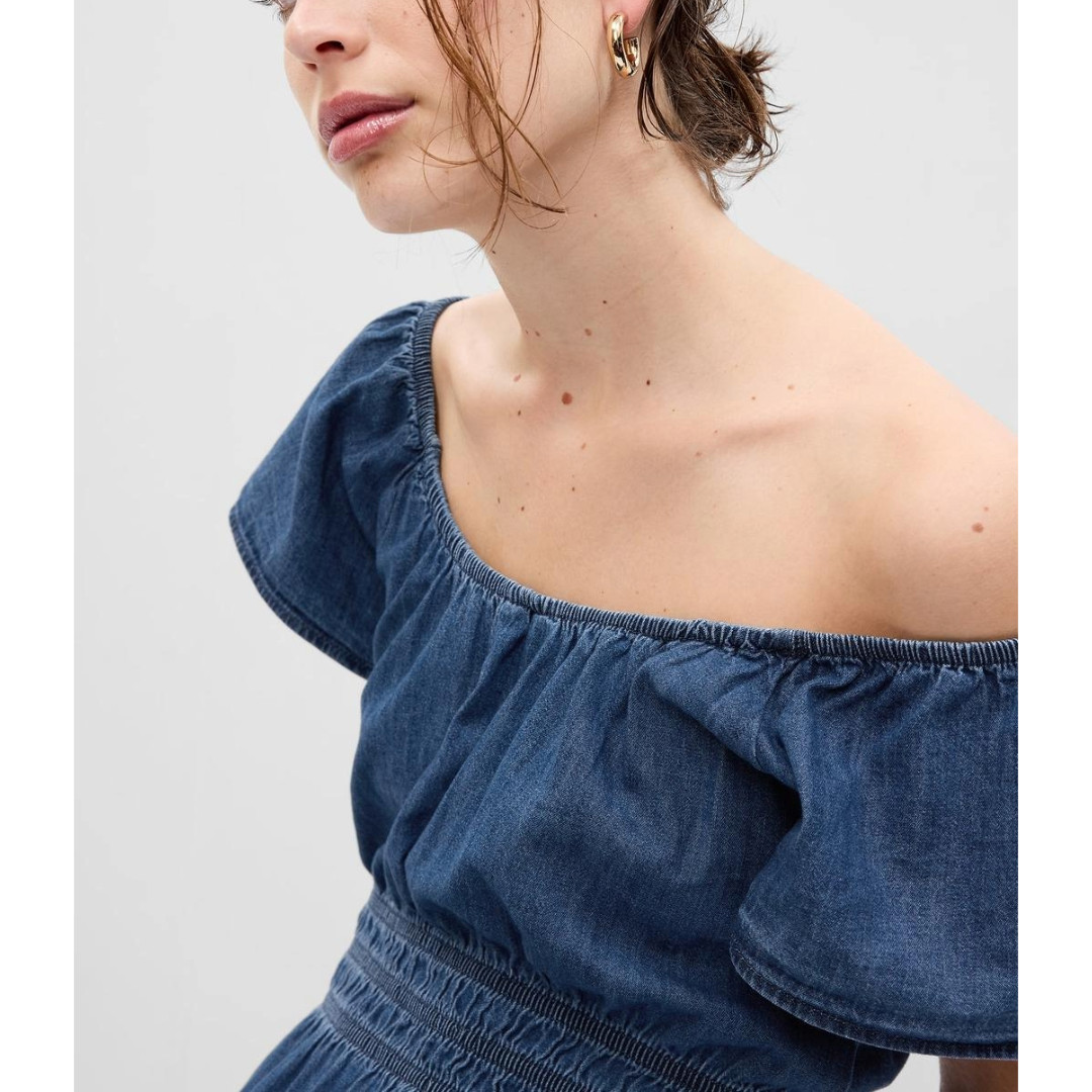NWT GAP Denim Short Flutter Sleeve Tiered Round Neck Mini Dress w. Pockets Sz L