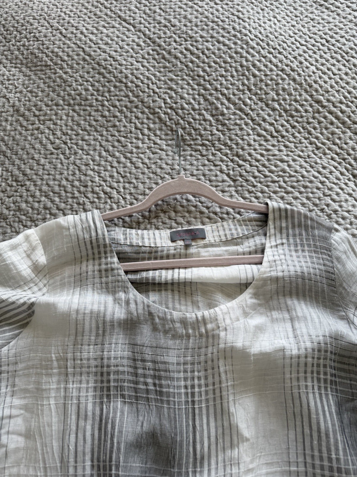 Sahara White Grey Check Lightweight Linen Blend Midi Dress Size XL Lagenlook