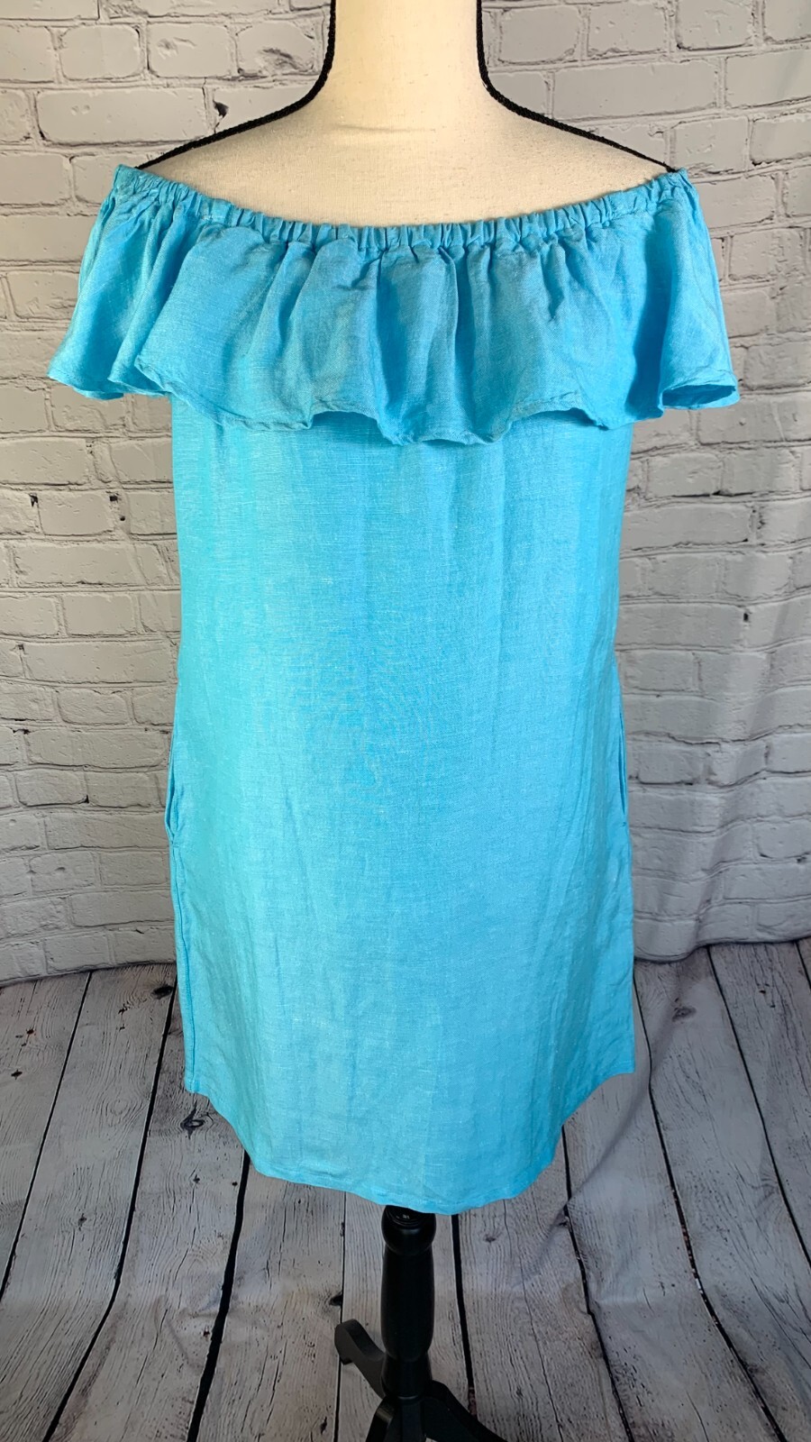 NEW Tommy Bahama Blue Linen Blend Off Shoulder Dress with Pockets Size XS