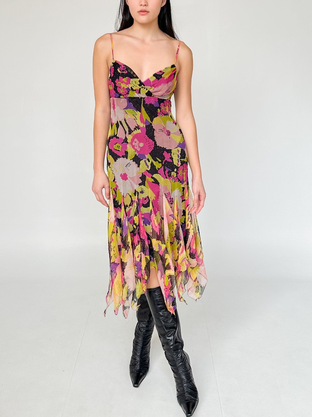 Vintage Betsey Johnson Silk Handkerchief Dress – Flower Print Asymmetrical Hem