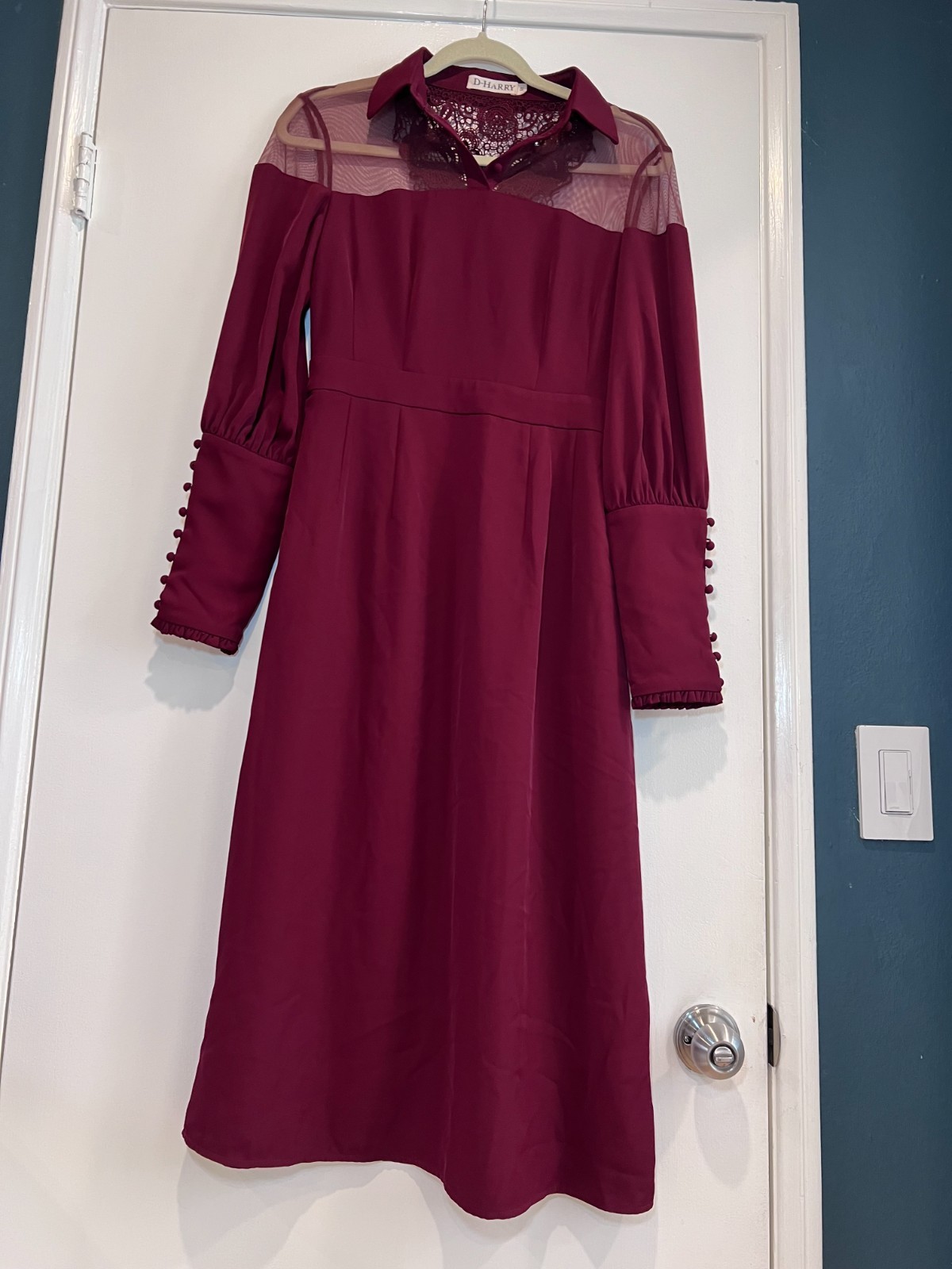 D-Harry Burgundy Lace Mesh Panel Maxi Dress Size Medium Long Sleeve Button Cuff