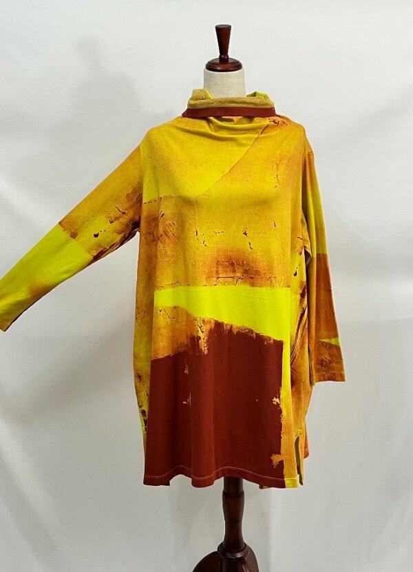 MOYURU Sz M Medium Yellow Orange Red Abstract Tunic High Neck Dress NWT