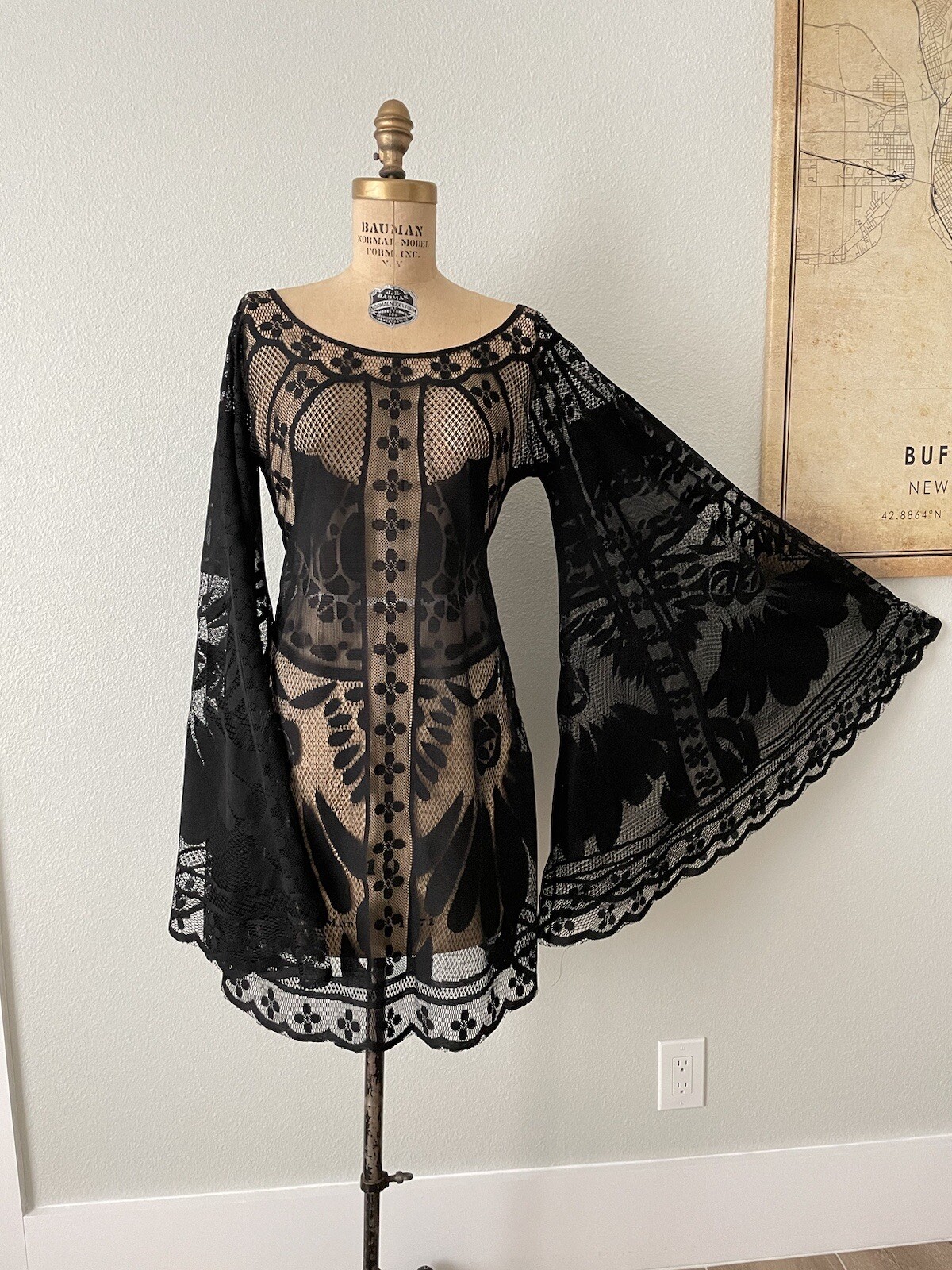 Bohemian Black Bell Sleeve Stevie Nicks Wedding Dress made w Vintage lace Large