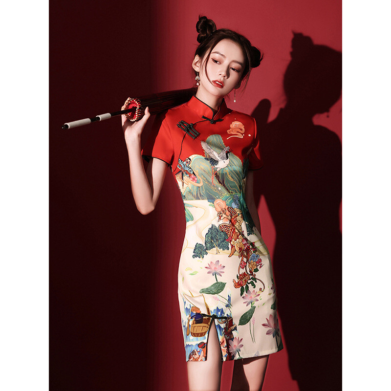 Chinese Style Lady Cheongsam Dress Frog Button Floral Front Slit Ethnic Retro