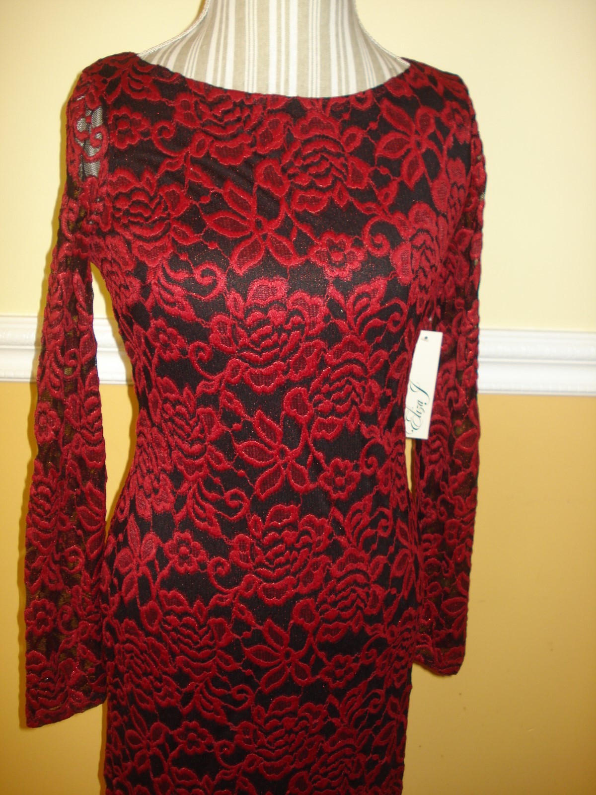Eliza J Lace Long Sleeves Red/Black Cocktail Sheath Dress Sz 4,6,8,10,12,14,16
