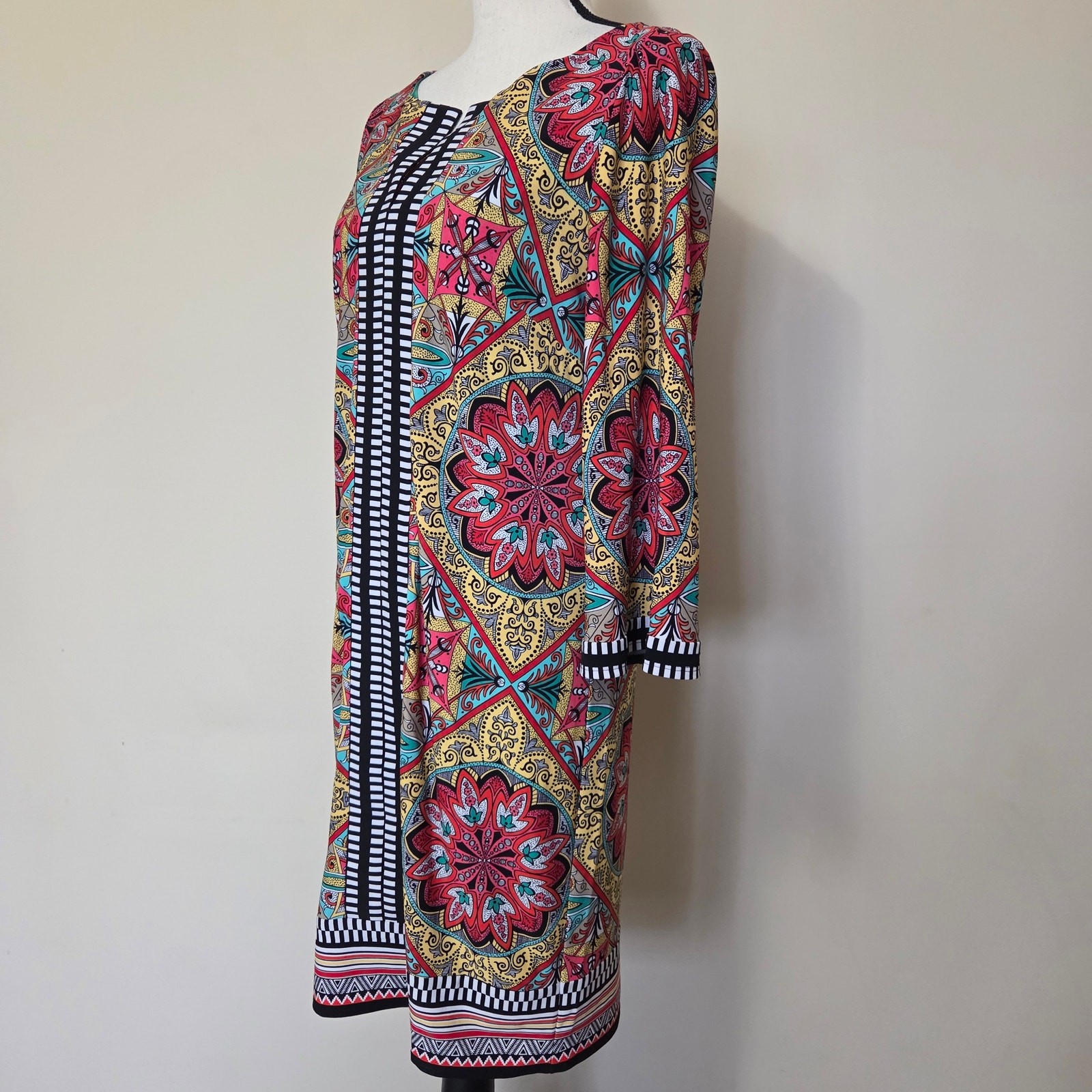 Laundry By Shelli Segal 8 Vibrant Lined Shift Dress Tunic 3/4 Bell Sleeve