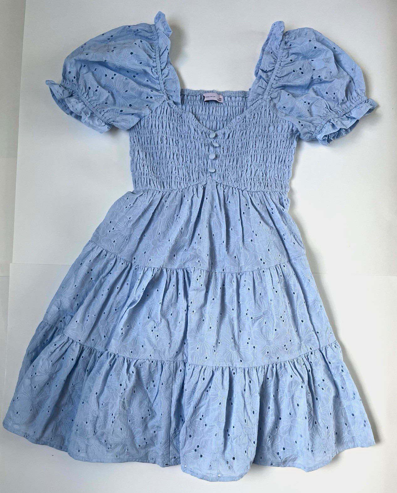SO Blue Floral Eyelet Smocked Sundress Puff Sleeve Mini XS