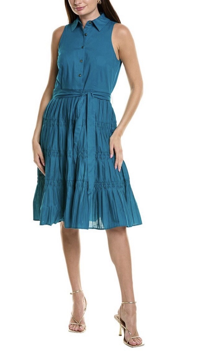 Anne Klein Cotton Belted Pleated Tiered Shirtdress – Ink Teal – 14