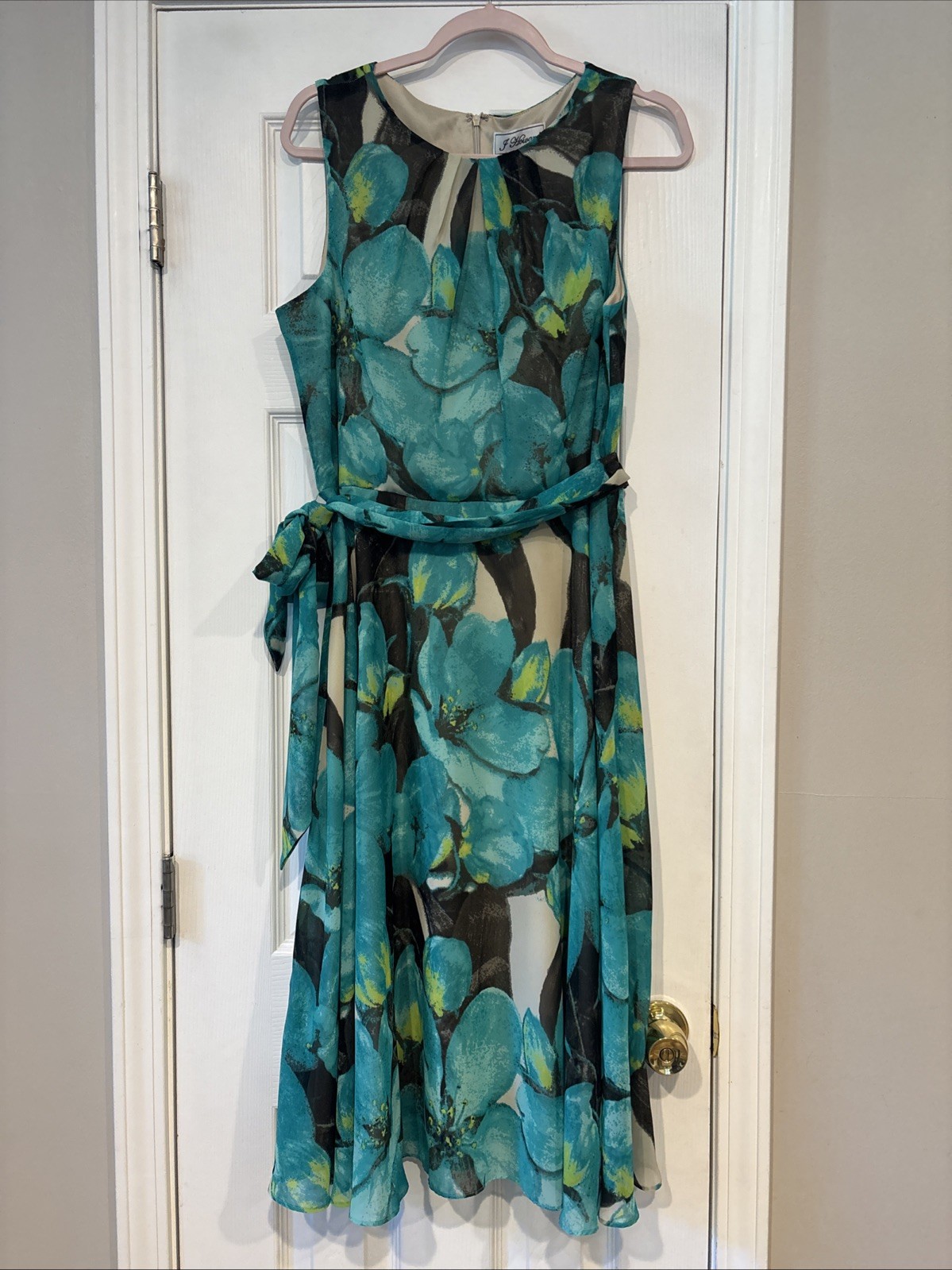 J Howard Dress Womens 14 Teal Floral Tie Waist Fit Flare Sleeveless Midi Soft