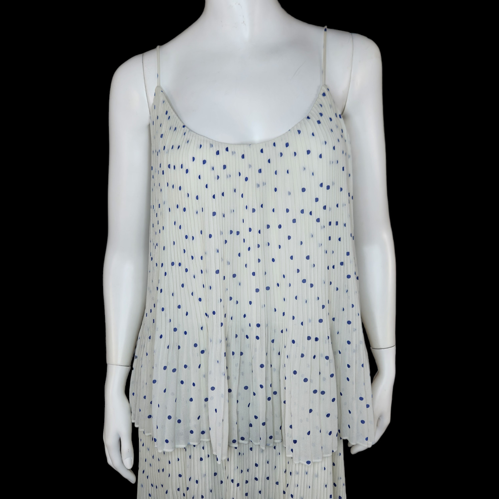 NWT Samsoe Samsoe Womens Large White Pleated Blue Polka Dot Maxi Dress Tatiana