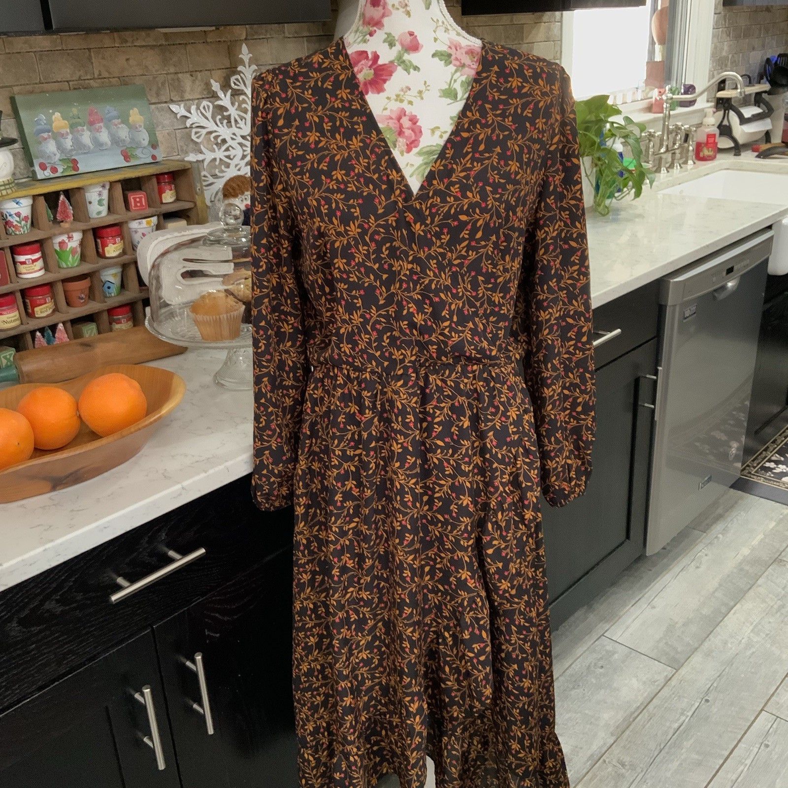 Old Navy Floral Midi Dress Faux Wrap Ruffle Trim Lined Cottage Core Womens Large
