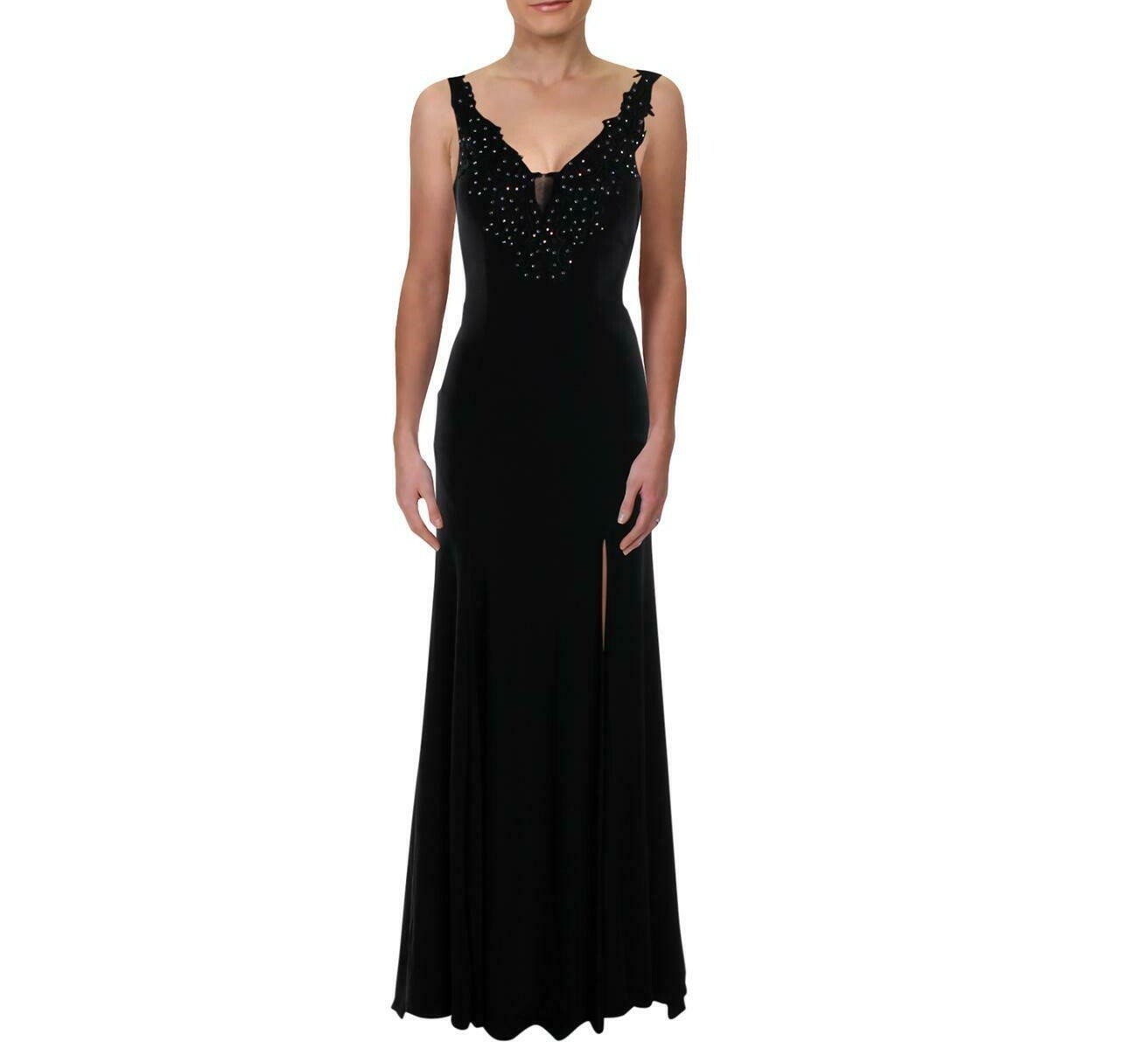 Say Yes To The Prom Junior Womens 3/4 Black Bejeweled Bodice Halter Gown NWT