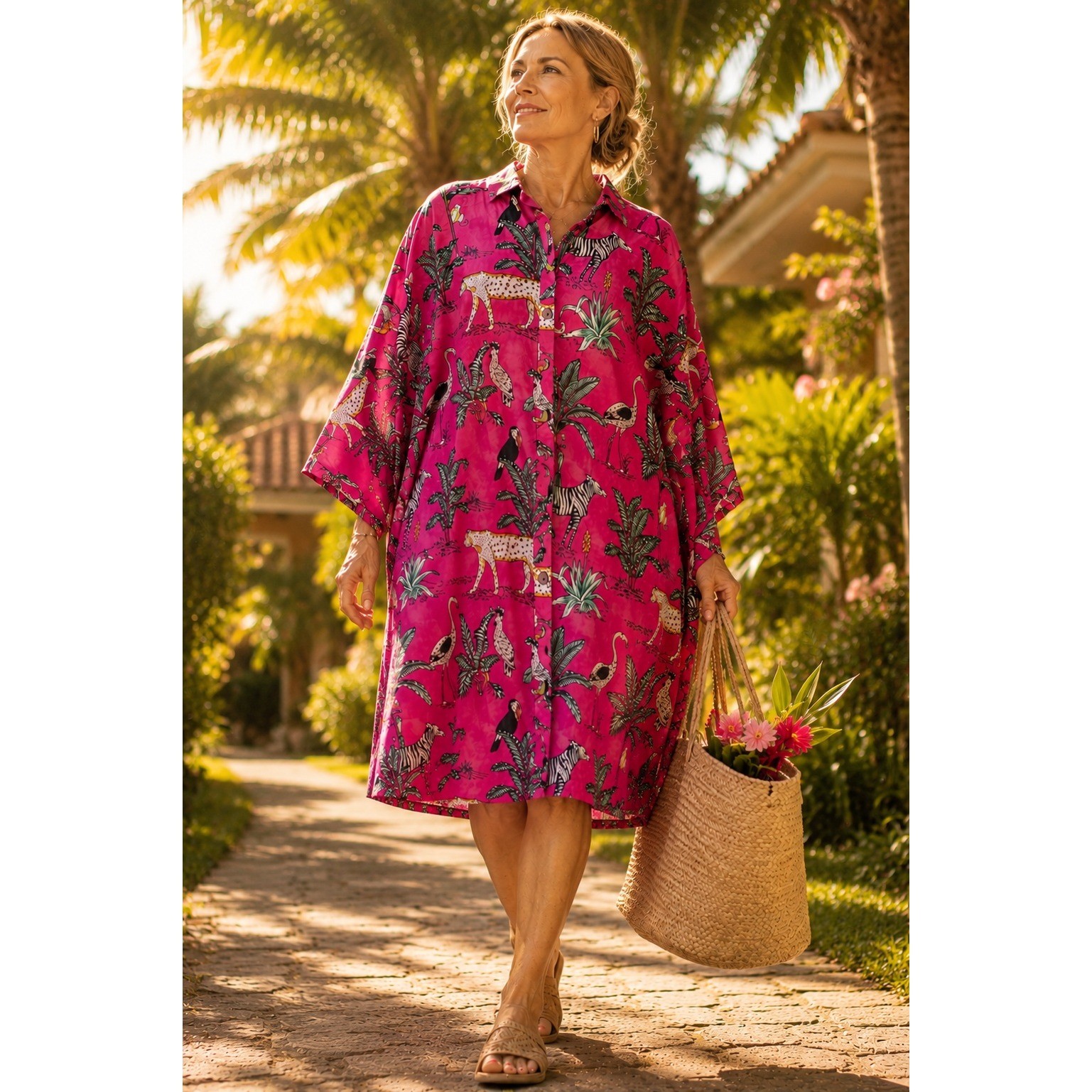 Gypsie Blu XL Pink Safari Animal Print Kaftan Dress Zebra Leopard Tropical