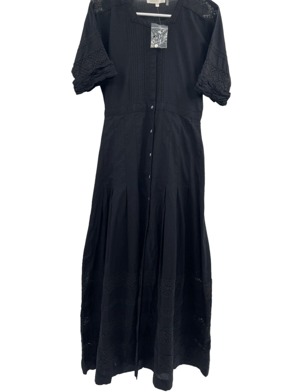 LoveShackFancy Dress Womens S Black Edie Button Front Cotton Eyelet Lace Trim
