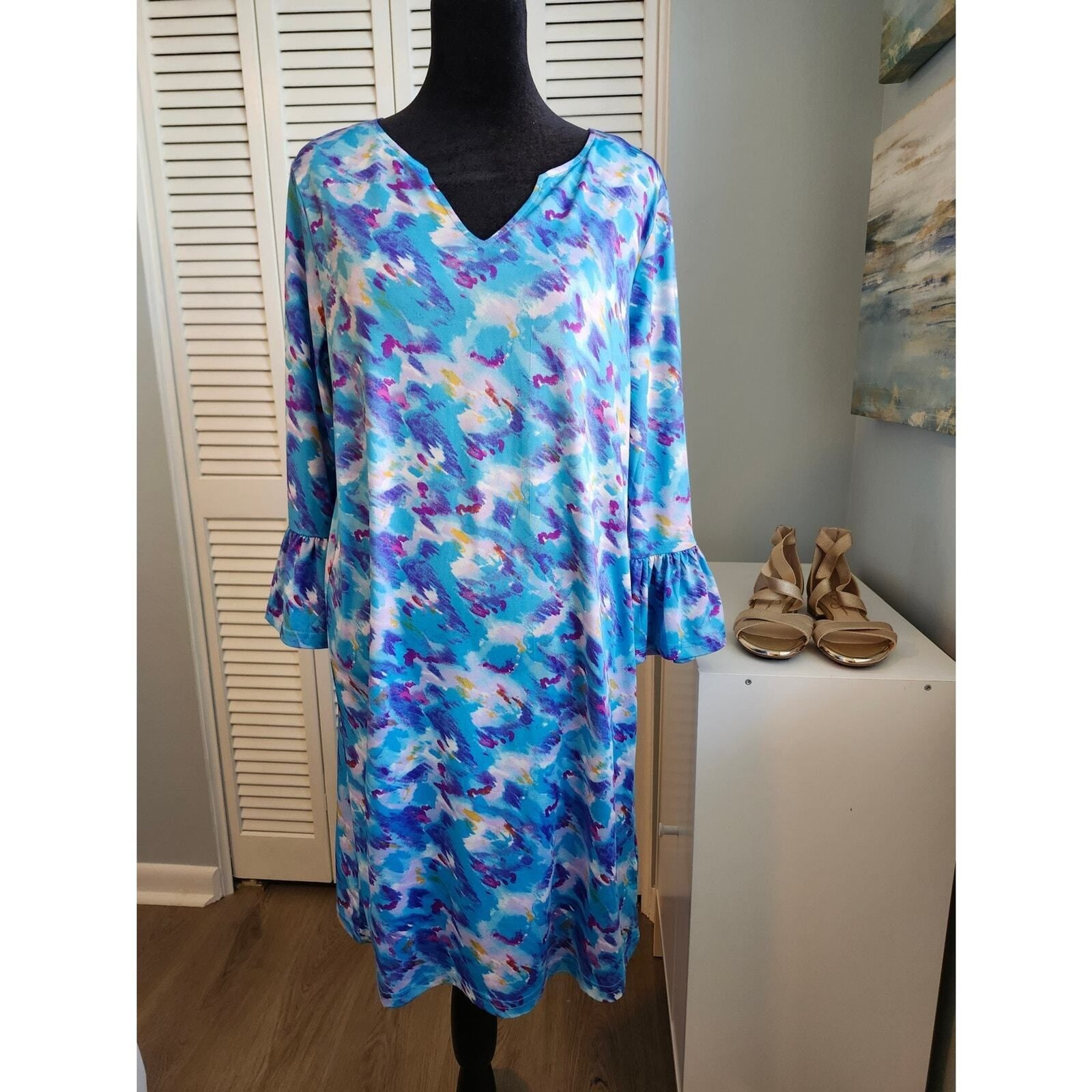 Caribbean Joe Dress Small Relaxed Fit Blue Floral Ruffle Sleeve Stretch Vacation