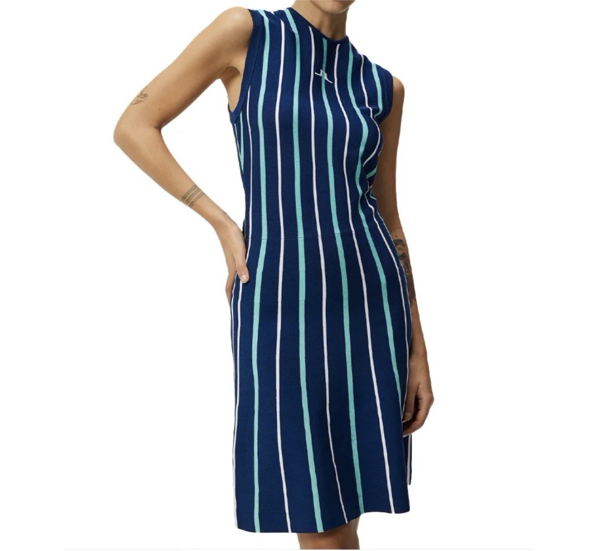 J Lindeberg KIJANA KNITTED DRESS Size L Striped Blue White Black Sleeveless NWOT