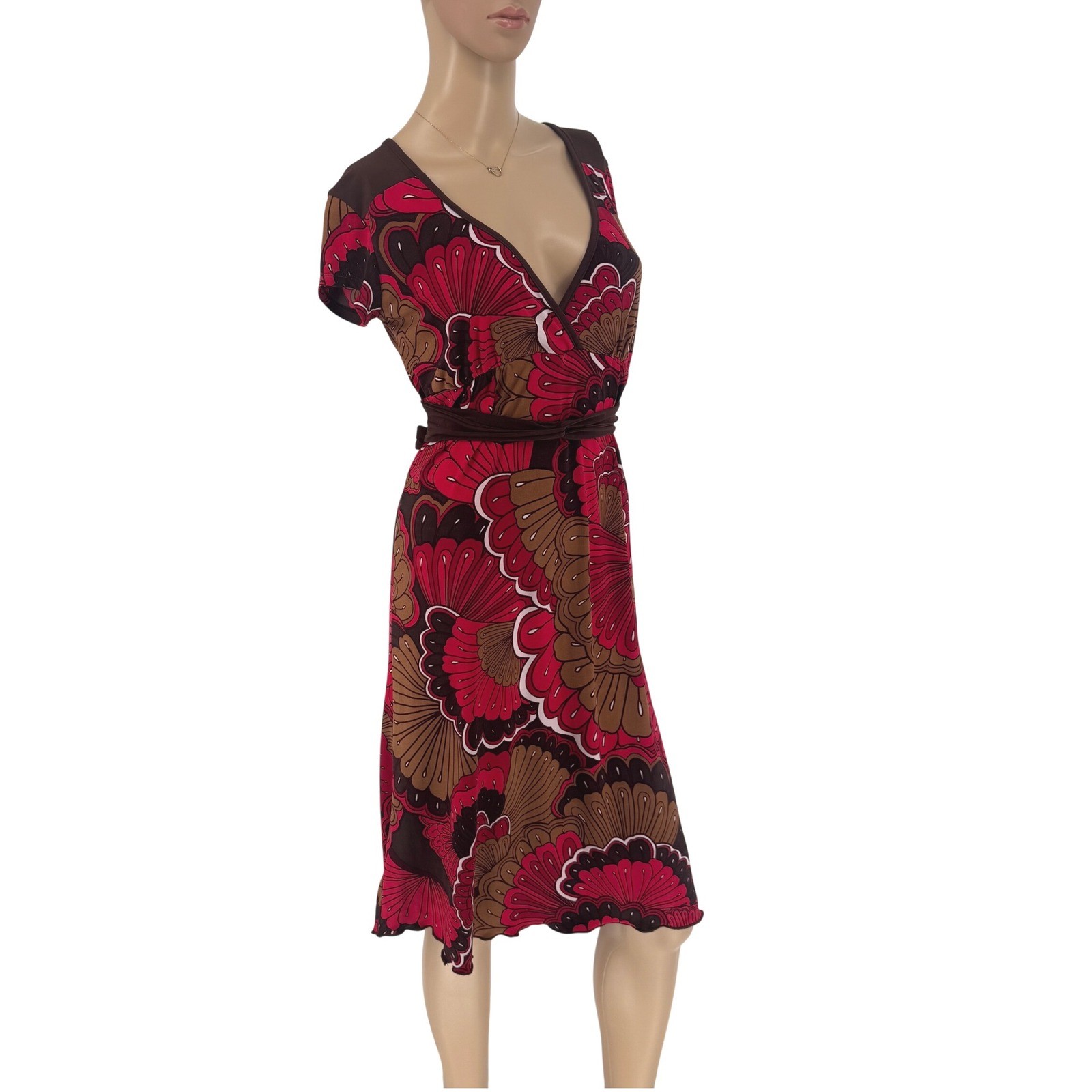 Volume One Red Brown Psychedelic Floral V-Neck Faux Wrap Dress Size M Y2K Retro