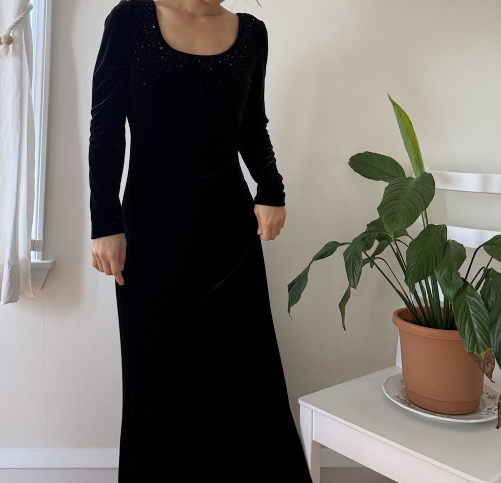 Vintage J R Nites By Caliendo Black Velvet Embellished Whimsygoth Dress Size S