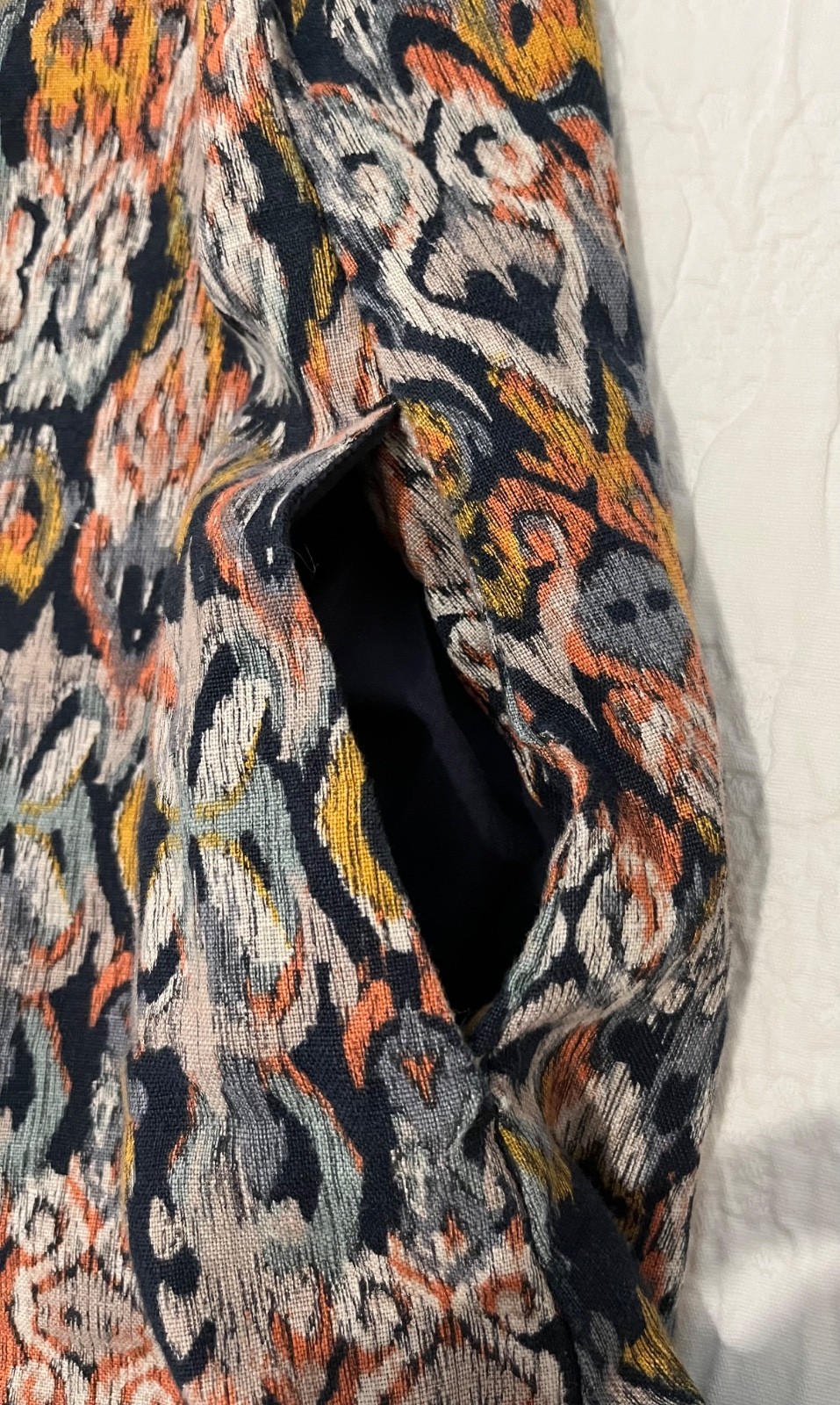 Garnet Hill 100% Linen Ikat Shift Dress Pockets Frayed Hem Sz 4 Blue Orange