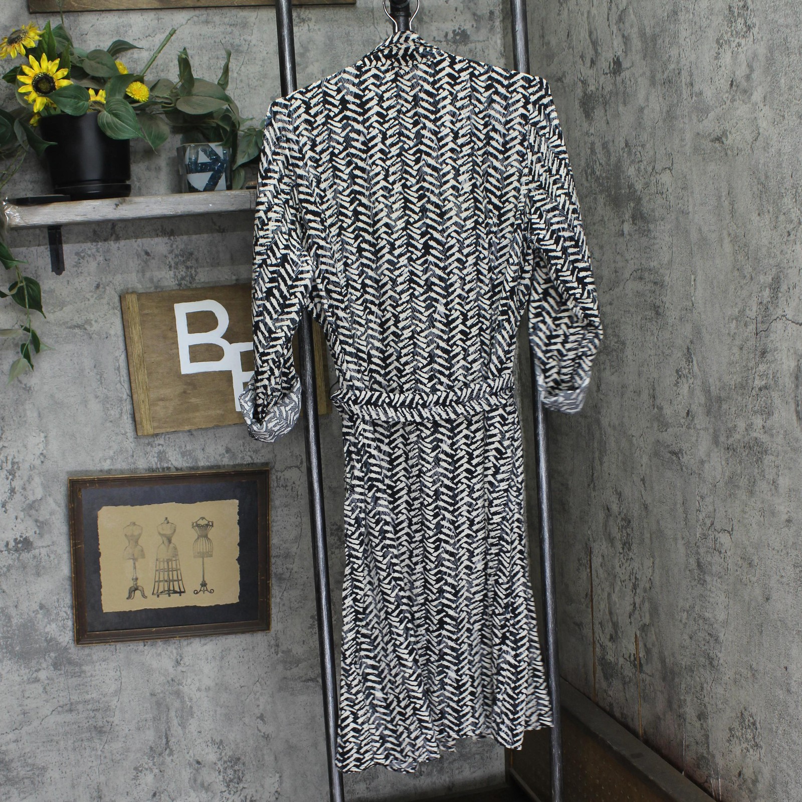Ny Collection Tab Belted Plus Size Printed Shirt Dress Black White Zig Zag 1X