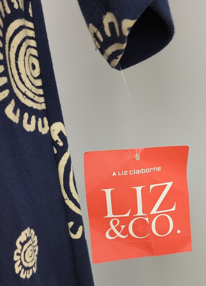 NWT Liz & Co Liz Claiborne Navy primitive print Women’s Navy Maxi Dress Sz L