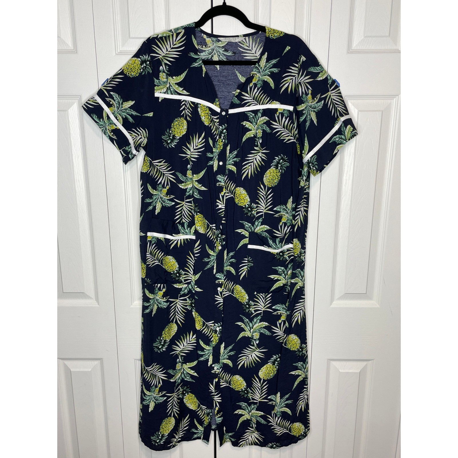 Ekouaer Pineapple House Dress Snap Front Muumuu Coastal Boho Navy Cotton Large