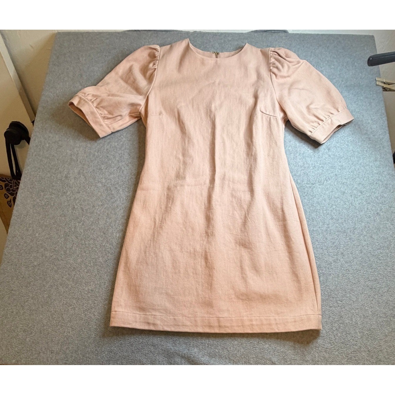 Aqua Pink Cotton Twill Puff Sleeve Mini Dress Size M Round Neck Zip Back Peach