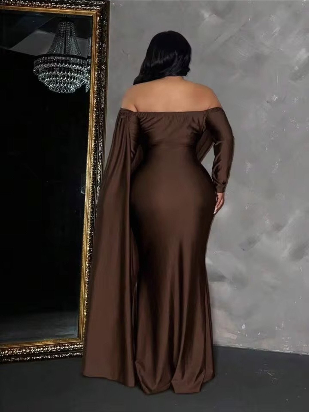 Off ShoulderLong Sleeve Ruffle Tie Design Fitted Elegant 4XL