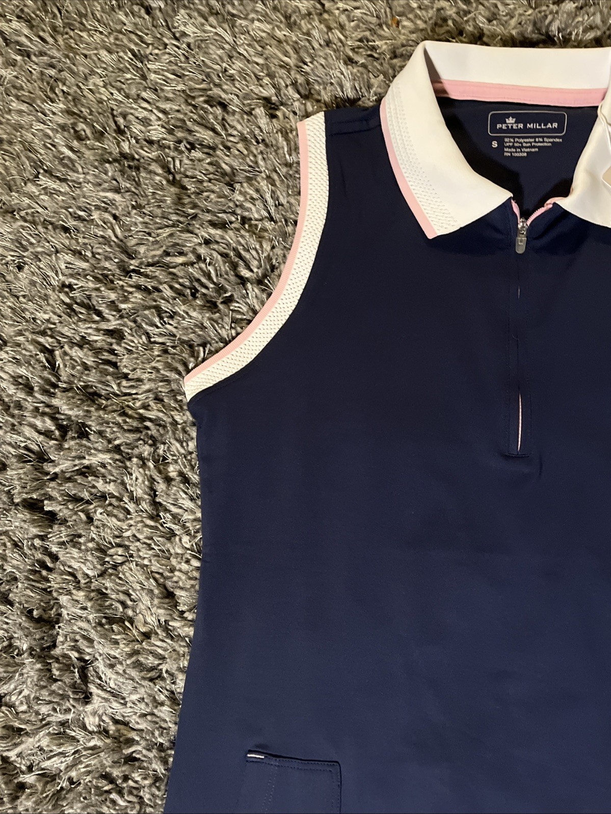 NWT Peter Millar Polo Dress 1/4 Zip Small Navy Blue-White Pink Trim Golf Tennis