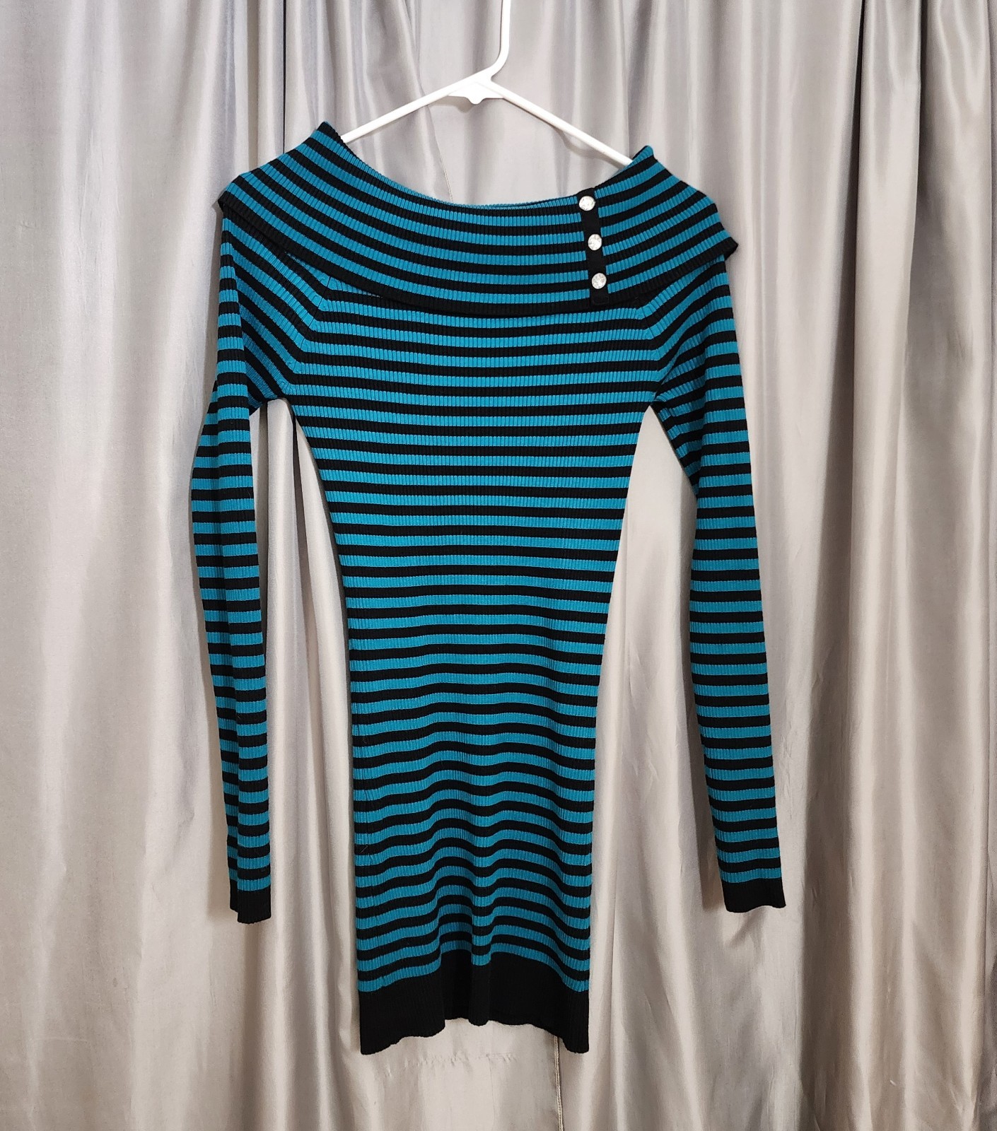 CANDIE’S Turquoise Blue and Black Ribbed Bodycon Off Shoulder Dress Size MEDIUM
