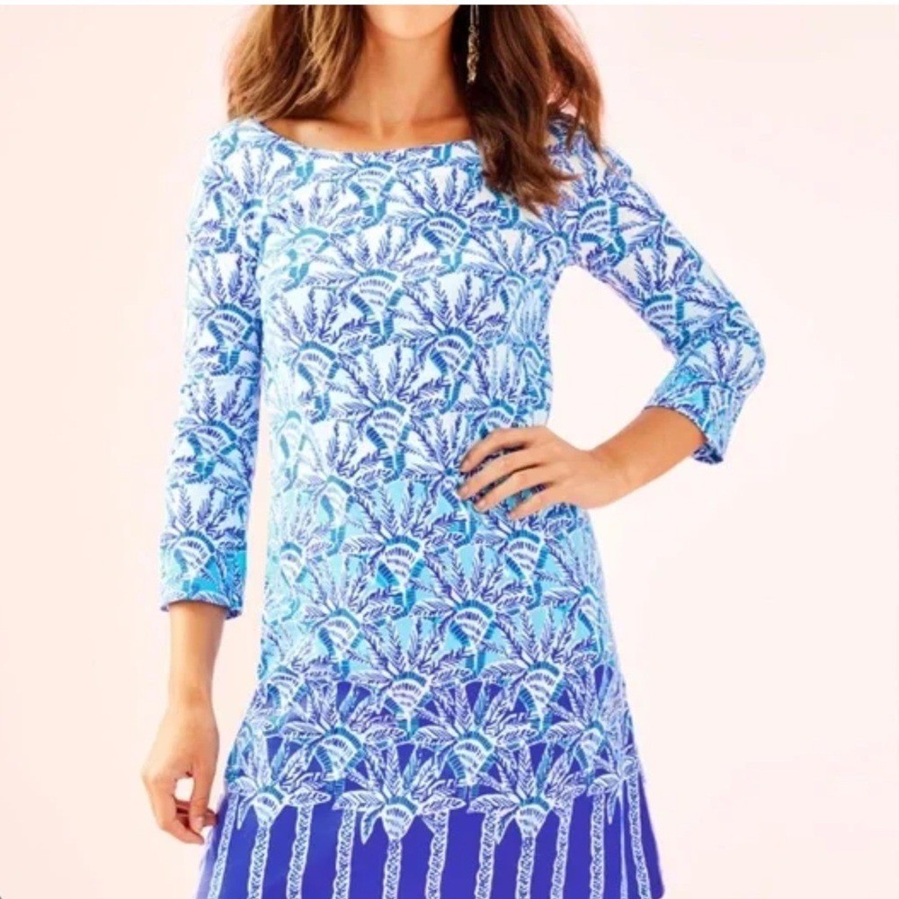 WOMEN’S LILY PULITZER TROPICAL PALM TREE VACATION BAY DRESS IN WHISPER BLUE
