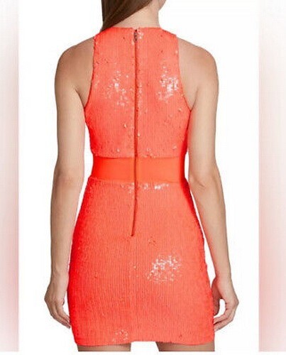 Alice + Olivia Bright Orange Cara Sequined Mesh Mini Dress Size 0 $595