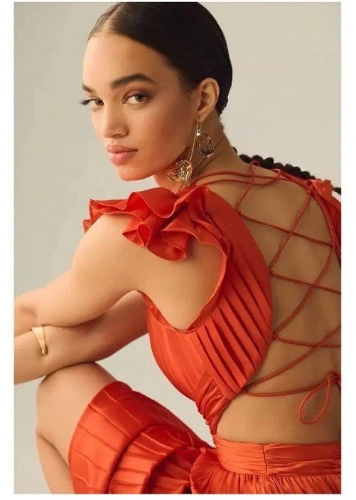 Mac Duggal Leena Pleated Flutter Sleeve Deep V Neck Lace Up Gown Size 12.
