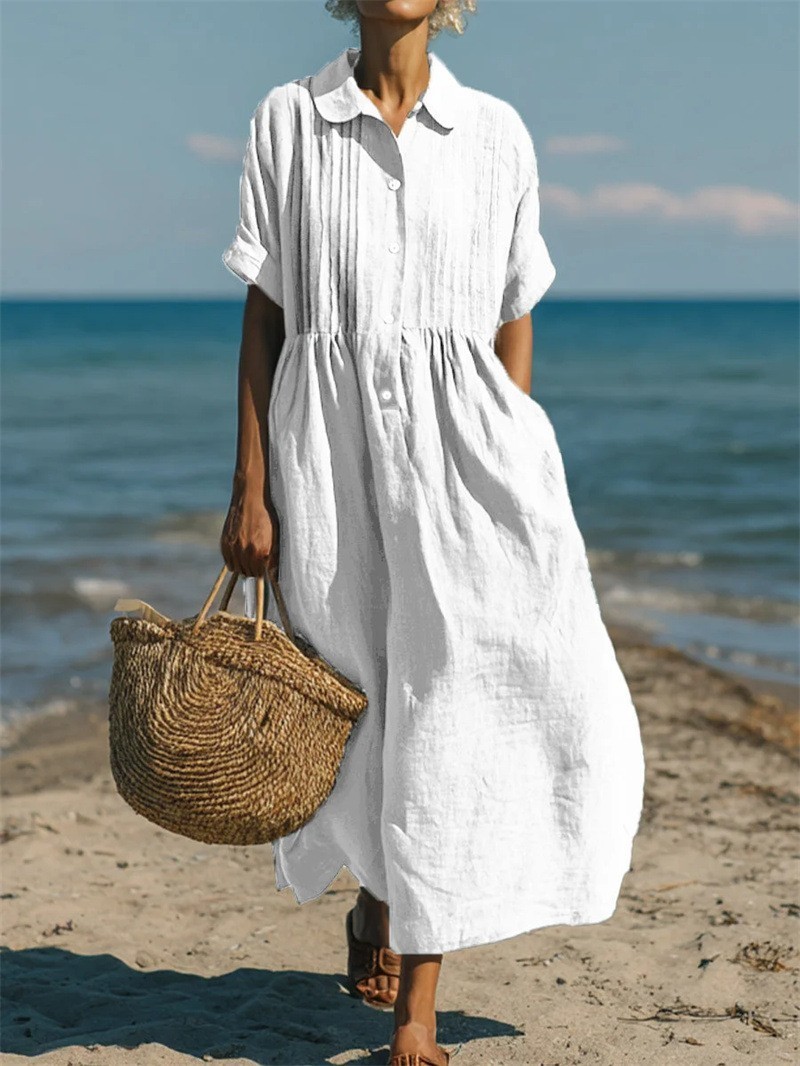 Ladies Loose Pleated💐Linen Cotton Pocket Summer Beach Baggy Kaftan Long Dress