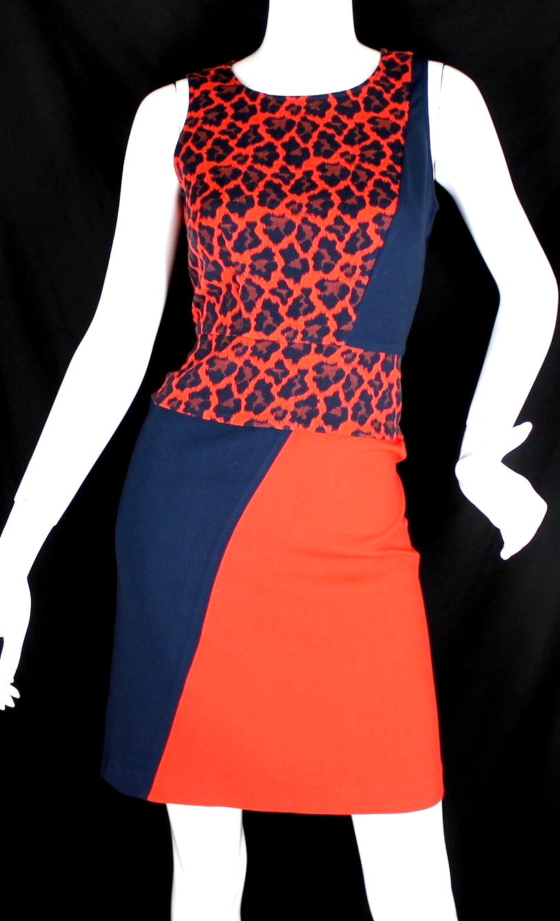 {ANN TAYLOR PETITE} Dress Sheath Sz. 6-P Red Blue Colorblock Animal Print Summer